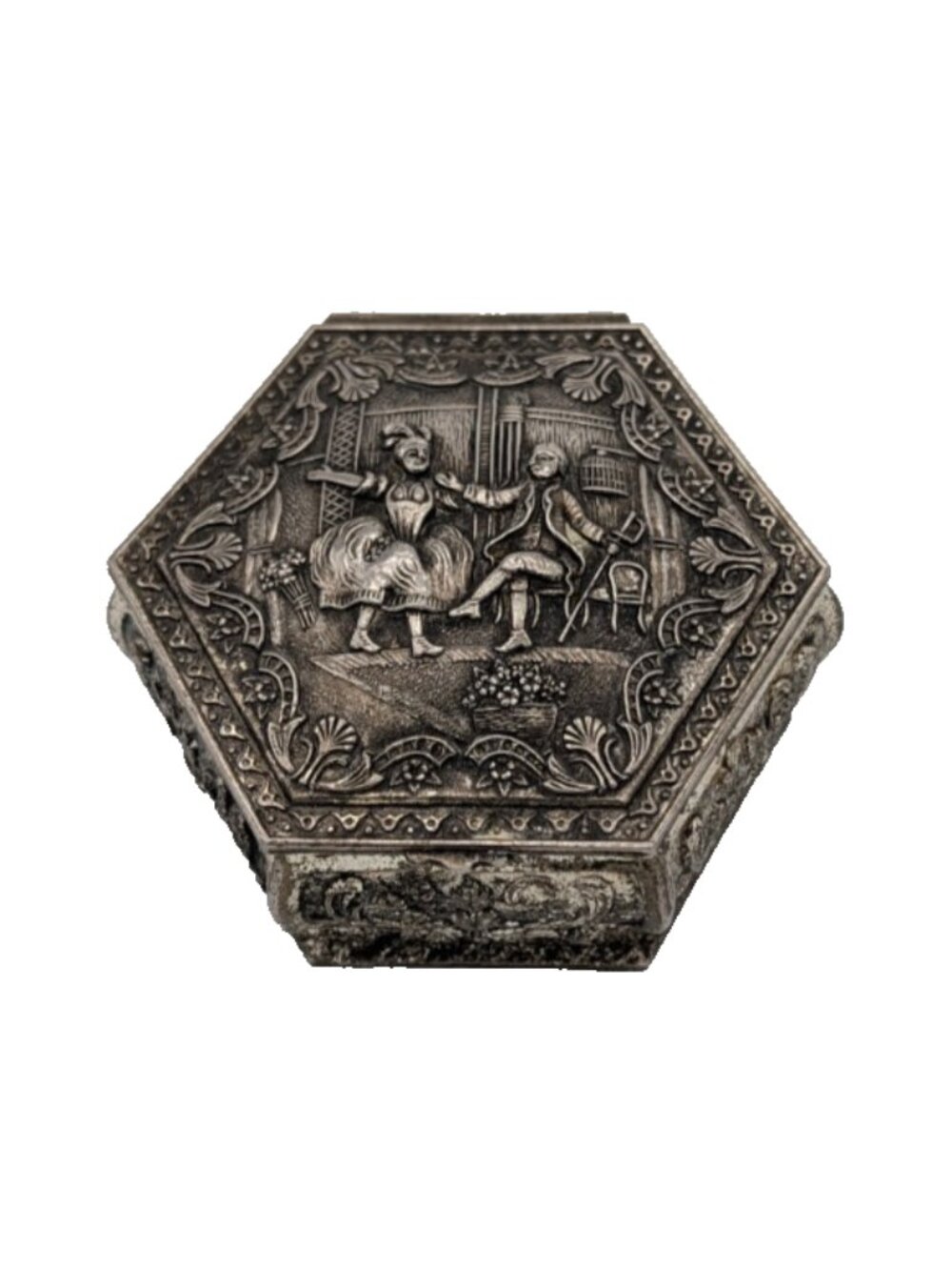 Vintage Hexagon Silver Plated Jewelry/Trinket Box - approx. 3" couple on lid
